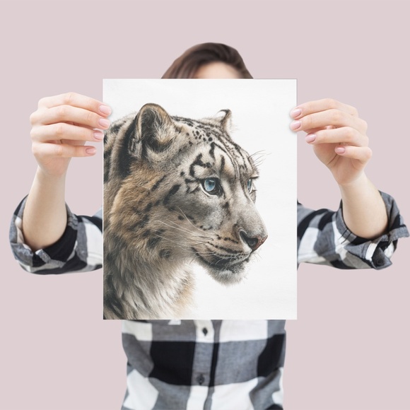 Watercolor Snow Leopard Portrait Wall Art Print, Unframed - Majestic Wilderness - Picture 4 of 7